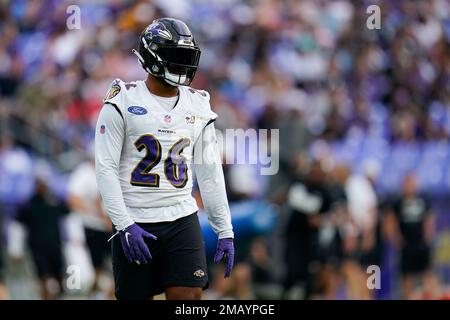 Baltimore Ravens safety Geno Stone works out during the team's NFL football  training camp practice at M&T Stadium, Saturday, July 30, 2022, in Baltimore.  (AP Photo/Julio Cortez Stock Photo - Alamy