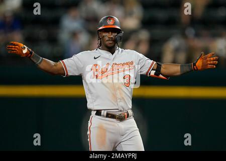 Baltimore Orioles' Jorge Mateo (3) and Ryan McKenna (26) celebrate after  the second baseball game of a doubleheader, Saturday, April 29, 2023, in  Detroit. Baltimore won 6-4. (AP Photo/Paul Sancya Stock Photo - Alamy