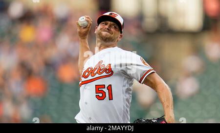 Pitcher Austin Voth throws during the first day of workouts for pitchers  and catchers for the 2023 major league season at the Baltimore Orioles' spring  training facility. – Boston Herald