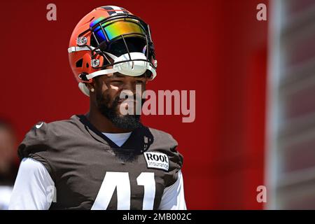 Cleveland Browns running back John Kelly Jr. (41) runs with the ball during  an NFL preseason football game against the Chicago Bears, Saturday Aug. 27,  2022, in Cleveland. (AP Photo/Kirk Irwin Stock