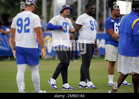 Los Angeles Rams tight end Jacob Harris (87) and defensive tackle Bobby  Brown III (95) participate in drills at the NFL football team's practice  facility in Irvine, Calif. Sunday, July 31, 2022. (AP Photo/Ashley Landis  Stock Photo - Alamy