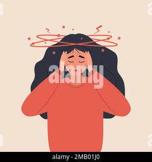 Anemia concept. Sad woman with dizziness. Unhappy girl suffers from vertigo and headache and needs medical help. Lack of iron in immune system. Vector Stock Vector