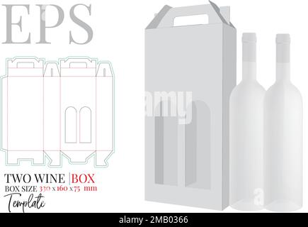 Wine box die cut template, vector. White, clear, blank, isolated two bottle box mock up on white background with perspective presentation. Packaging Stock Vector