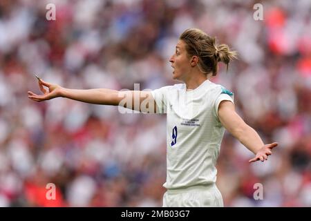 England's Ellen White shows an object picked up from the pitch to the  referee during the Women's Euro 2022 final soccer match between England and  Germany at Wembley stadium in London, Sunday,