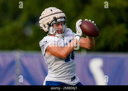 Buffalo Bills tight end Jalen Wydermyer (84) is blocked by Indianapolis  Colts tight end Nikola Kalinic (48) and Indianapolis wide receiver Samson  Nacua (86) during the second half of a preseason NFL football game in  Orchard Park, N.Y., Saturday, Aug. 1