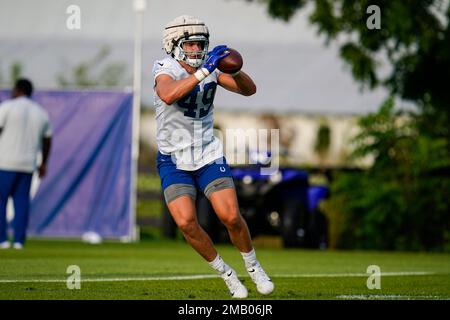 Indianapolis Colts tight end Michael Jacobson (49) makes a catch before an  NFL preseason football game against the Detroit Lions in Indianapolis,  Saturday, Aug. 20, 2022. (AP Photo/AJ Mast Stock Photo - Alamy