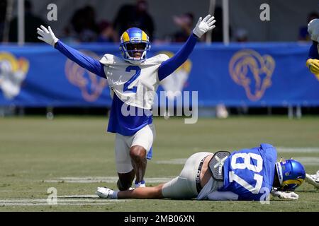 Los Angeles Rams tight end Jacob Harris (87) and defensive tackle Bobby  Brown III (95) participate in drills at the NFL football team's practice  facility in Irvine, Calif. Sunday, July 31, 2022. (