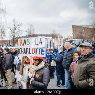 Strasbourg, France - Jan 19, 2023: Large crowd at protest against the French government's planned pension reform to push the retirement age from 62 to 64 unions have called for mass social action Stock Photo