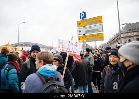 Strasbourg, France - Jan 19, 2023: Seniors with placards large crowd at protest against the French government's planned pension reform to push the retirement age from 62 to 64 unions have called for mass social action Stock Photo