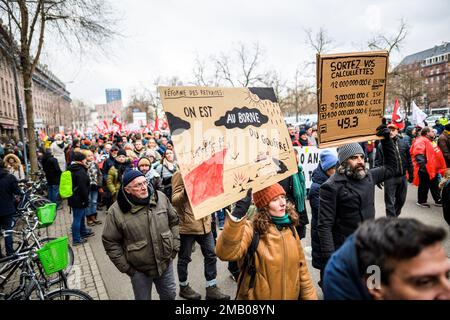 Strasbourg, France - Jan 19, 2023: Large crowd at protest against the French government's planned pension reform to push the retirement age from 62 to 64 unions have called for mass social action Stock Photo