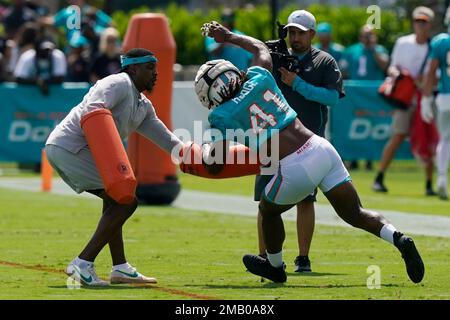 Miami Dolphins linebacker Darius Hodge (41) fakes a blitz before dropping  back in coverage during an NFL football game against the Tampa Bay  Buccaneers, Saturday, Aug. 13, 2022 in Tampa, Fla. The