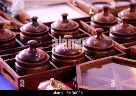 Wooden handcraft , carved on wooden, toys and articles on display. Incredible India. Stock Photo