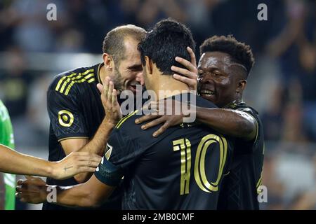 Los Angeles, United States. 04th Mar, 2023. Los Angeles FC forwards Kwadwo  Opoku (R) celebrates a goal with Carlos Vela (L) during an MLS soccer match  against the Portland Timbers in Los