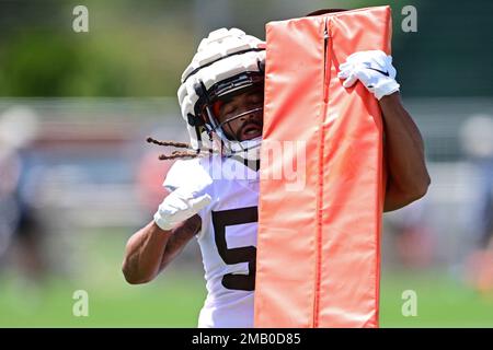 Cleveland Browns wide receiver Travell Harris (83) walks off the field at  the end of an NFL preseason football game against the Jacksonville Jaguars,  Friday, Aug. 12, 2022, in Jacksonville, Fla. The