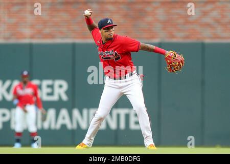 Atlanta Braves second baseman Orlando Arcia laughs with a teammate during a  spring training baseball practice on Thursday, Feb. 16, 2023, in North  Port, Fla. (AP Photo/Brynn Anderson Stock Photo - Alamy
