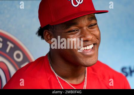 Elijah Green, the Washington Nationals' first round draft pick, speaks with  members of the press before