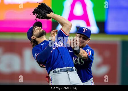 Kole Calhoun and Josh Hamilton of the Los Angeles Angels looking