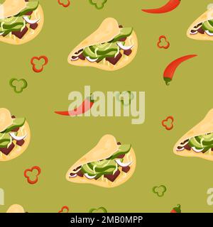 Seamless pattern with latin american food. Mexican Tacos on green background with chili peppers. Vector illustration. Endless background with national Stock Vector