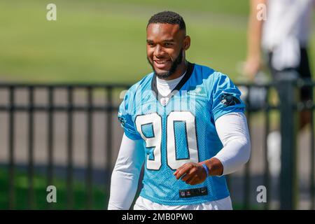 Carolina Panthers defensive end Amare Barno (90) during an NFL football  game against the Carolina Panthers Sunday, Oct. 30, 2022, in Atlanta. (AP  Photo/John Amis Stock Photo - Alamy