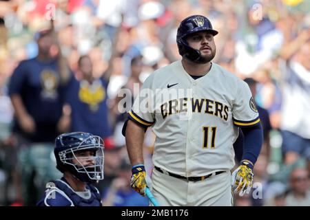 Milwaukee Brewers' Rowdy Tellez watches a home run during a baseball game  against the Tampa Bay Rays Wednesday, June 29, 2022, in St. Petersburg,  Fla. (AP Photo/Steve Nesius Stock Photo - Alamy