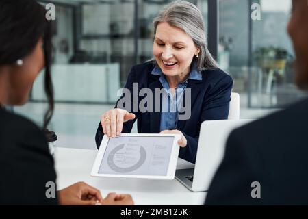 At this rate, well triple our revenue. a mature businesswoman using a digital tablet during a meeting with colleagues in a modern office. Stock Photo