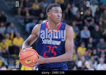 Hattiesburg, Mississippi, USA. 19th Jan, 2023. South Alabama Jaguars  forward Judah Brown (25) during a college basketball game between the South  Alabama Jaguars and Southern Miss Golden Eagles at Reed-Green Coliseum in