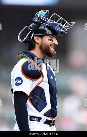 DETROIT, MI - JULY 27: Detroit Tigers catcher Eric Haase (13) works behind  the plate against the San Diego Padres at Comerica Park on July 27, 2022 in  Detroit, Michigan. (Photo by