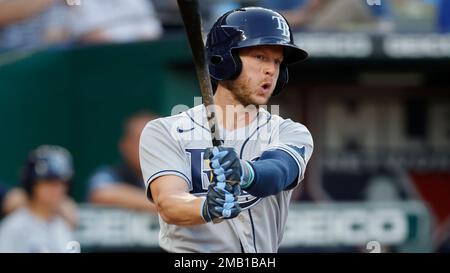 ANAHEIM, CA - MAY 10: Tampa Bay Rays outfielder Brett Phillips (35) pitching  in the eighth inning of an MLB baseball game against the Los Angeles Angels  played on May 10, 2022