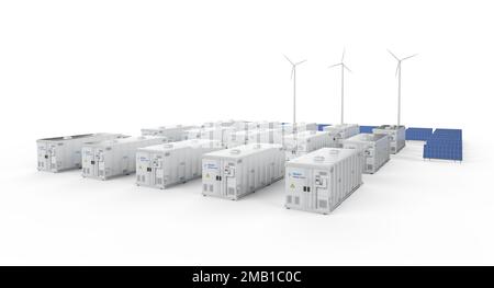 3d rendering amount of energy storage systems or battery container units with solar and turbine farm Stock Photo
