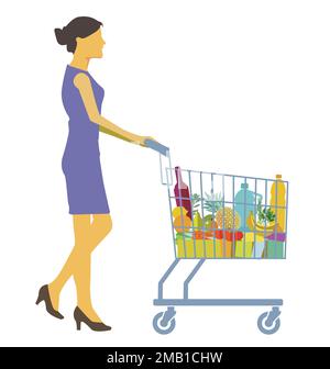 Illustration of a woman shopping in the supermarket, isolated on white Stock Vector