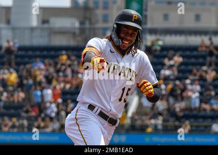 PITTSBURGH, PA - AUGUST 03: Pittsburgh Pirates shortstop Oneil Cruz (15)  reacts after hitting a two-run home run to center field in the seventh  inning of an MLB game against the Milwaukee
