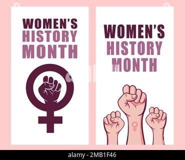 Womens history month stories template vector illustration. Feminism poster for march women history month with fist symbol doodle. Stock Vector