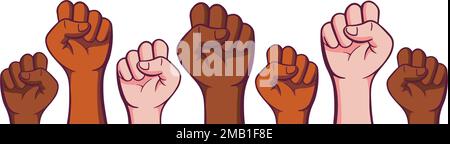 People hands raised with clenched fists, isolated on a white background. Symbol of love and diversity. Human rights, feminism, equality, Black lives matter and womens day concept. Stock Vector