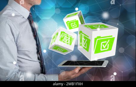 Document validation concept above a tablet held by a man Stock Photo