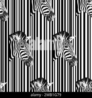 Detail of a zebra head over an abstract white and black striped background. Seamless Pattern. Stock Photo