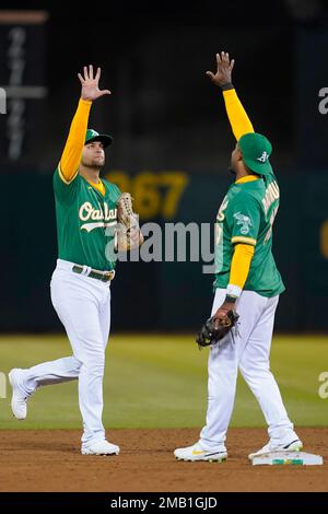 St. Petersburg, United States. 14th Apr, 2022. St. Petersburg, FL. USA;  Oakland Athletics center fielder Cristian Pache (20) and left fielder Chad  Pinder (10) chest bump during pregame warmups prior to a