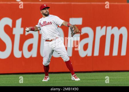 Milwaukee, United States. 03rd Sep, 2023. Milwaukee Brewers first baseman Carlos  Santana (R) forces out Philadelphia Phillies left fielder Kyle Schwarber  (L) after fielding Schearber's ground ball in the first inning of