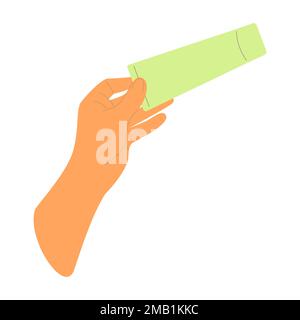 Hand holds cosmetic tube, template, mockup, organic care oil-cream-lotion, packaging. Vector illustration Stock Vector
