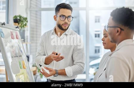 Making sure theyre following. a group of diverse young businesspeople working on a whiteboard in the boardroom. Stock Photo
