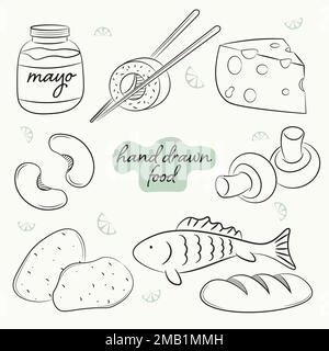 a set of hand drawn vegetables, fish and grocery foods Stock Vector