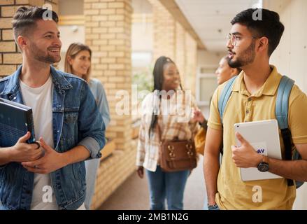 University, school and education students, people or group walking to class in campus community and diversity. Social, talking and friends with Stock Photo