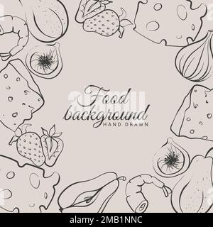 food background figs cheese strawberry shrimp and pears Stock Vector