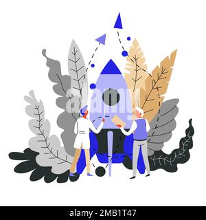 Rocket or spaceship start or launch startup concept vector man business idea teamwork entrepreneurs and invention and money earning or profit working Stock Vector