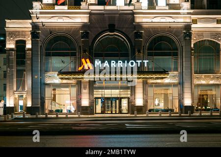 MOSCOW - MARCH 14: Marriott hotel in Moscow on March 14. 2022 in Russia. Marriott International is an American company that operates, franchises, and Stock Photo