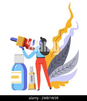 Medicine eye or nasal drops and ointment woman and treatment vector medication and healthcare liquid in bottle inflammation reduction disease or illne Stock Vector
