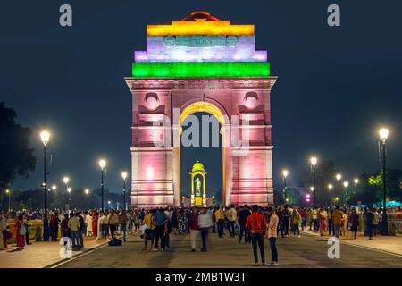 NEW DELHI - SEPTEMBER 17: The India Gate or All India War Memorial with illuminated in Delhi on September 17. 2022 in India Stock Photo