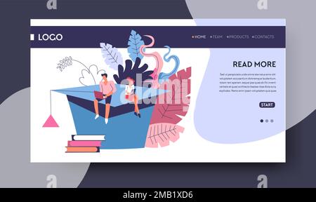 Reading online web page template library books pile and academic hat vector literature archive readers or students education and knowledge novels and Stock Vector