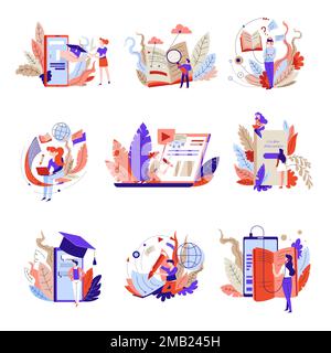 Web books and lessons online education isolated abstract icons vector textbooks and audio lecture laptop and smartphone academic hat and headphones re Stock Vector