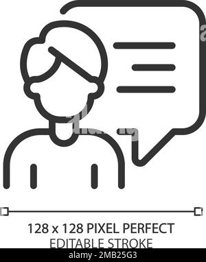Talking man with chat bubble pixel perfect linear icon Stock Vector
