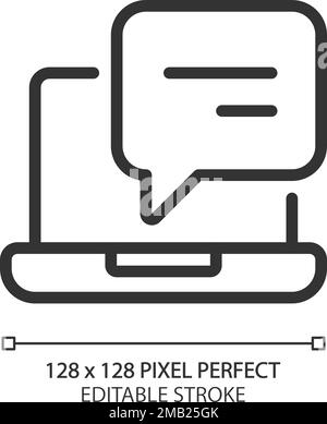 Laptop with speech bubble pixel perfect linear icon Stock Vector